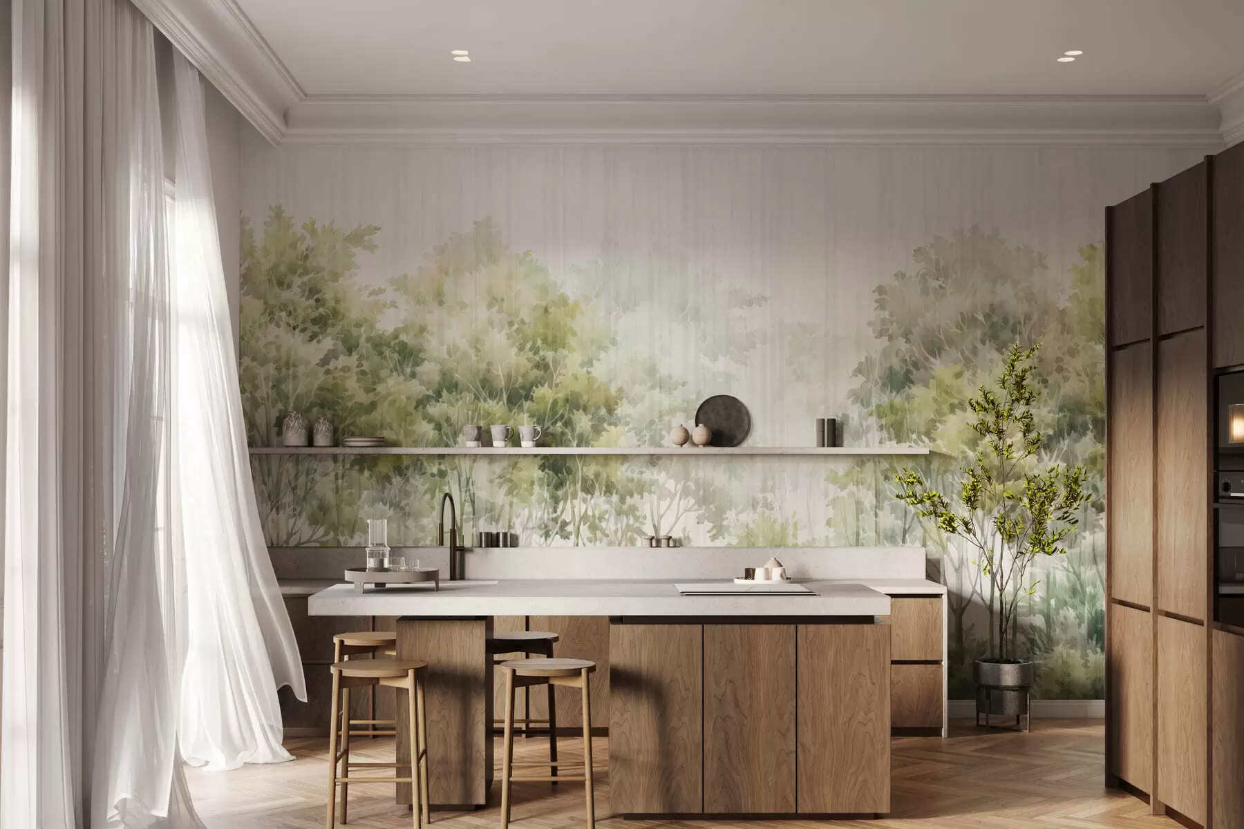 Murale Forêt luxuriante et lignes w05442