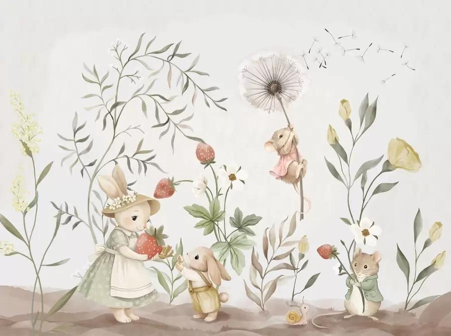Murale Illustration pour enfants représentant un lapin et une souris parmi des plantes et des fleurs w05422