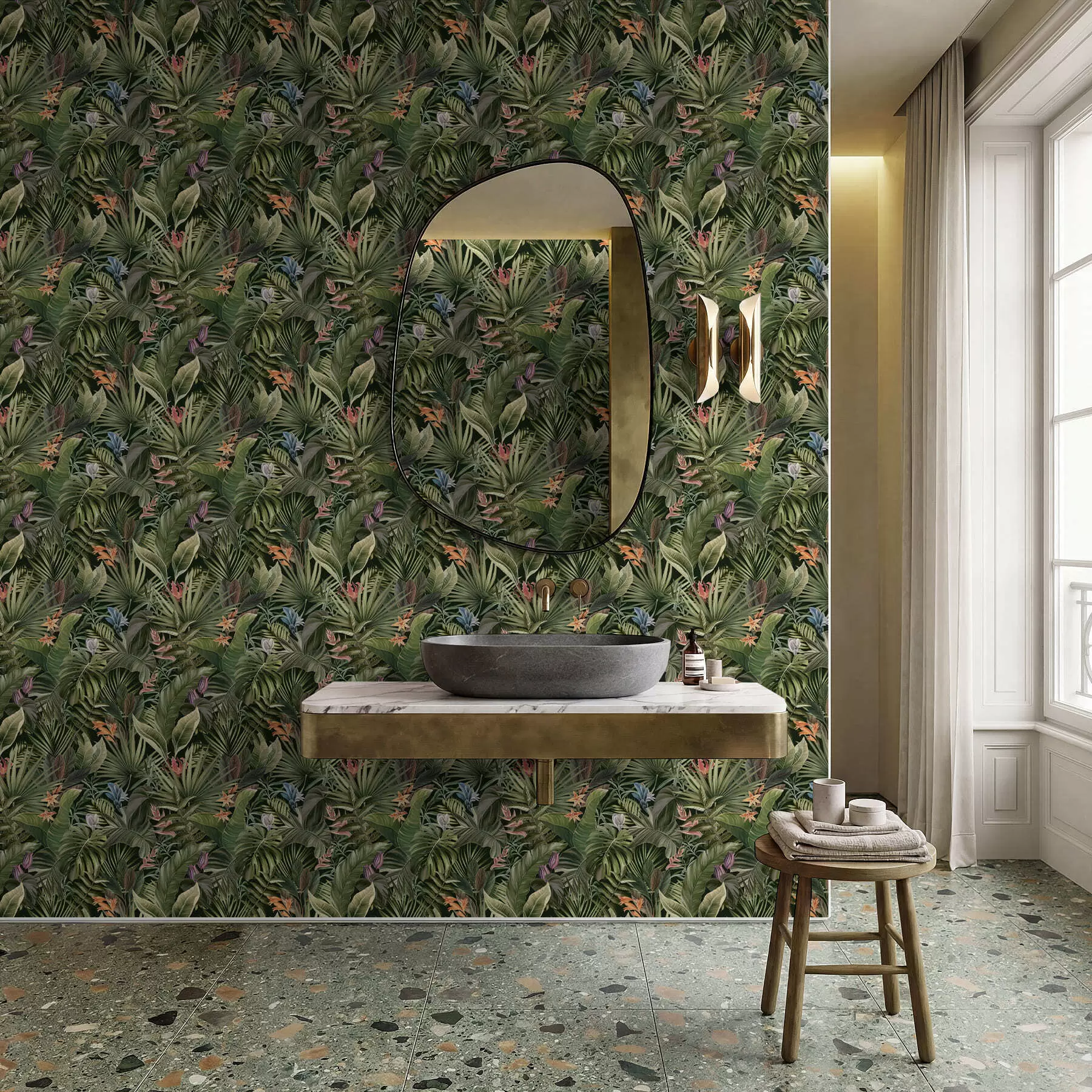 Murale Feuilles tropicales et fleurs sur fond sombre a01153