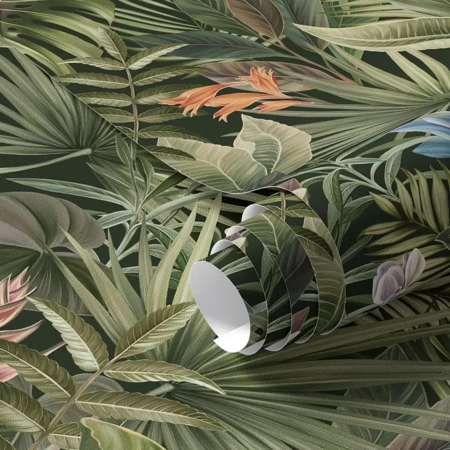 Murale Feuilles tropicales et fleurs sur fond sombre a01153