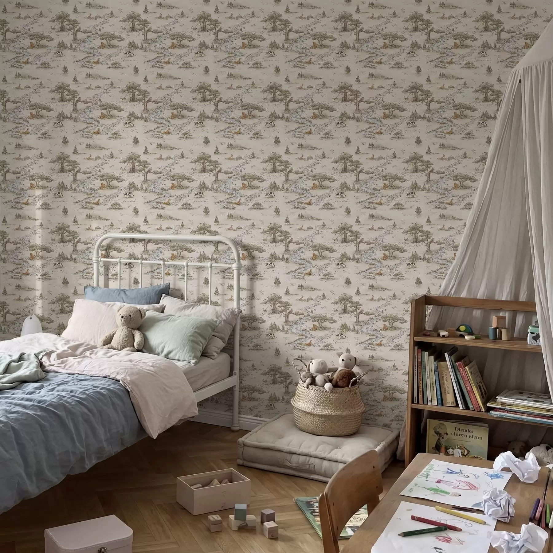 Murale Illustration de la nature avec des animaux et une rivière a01157