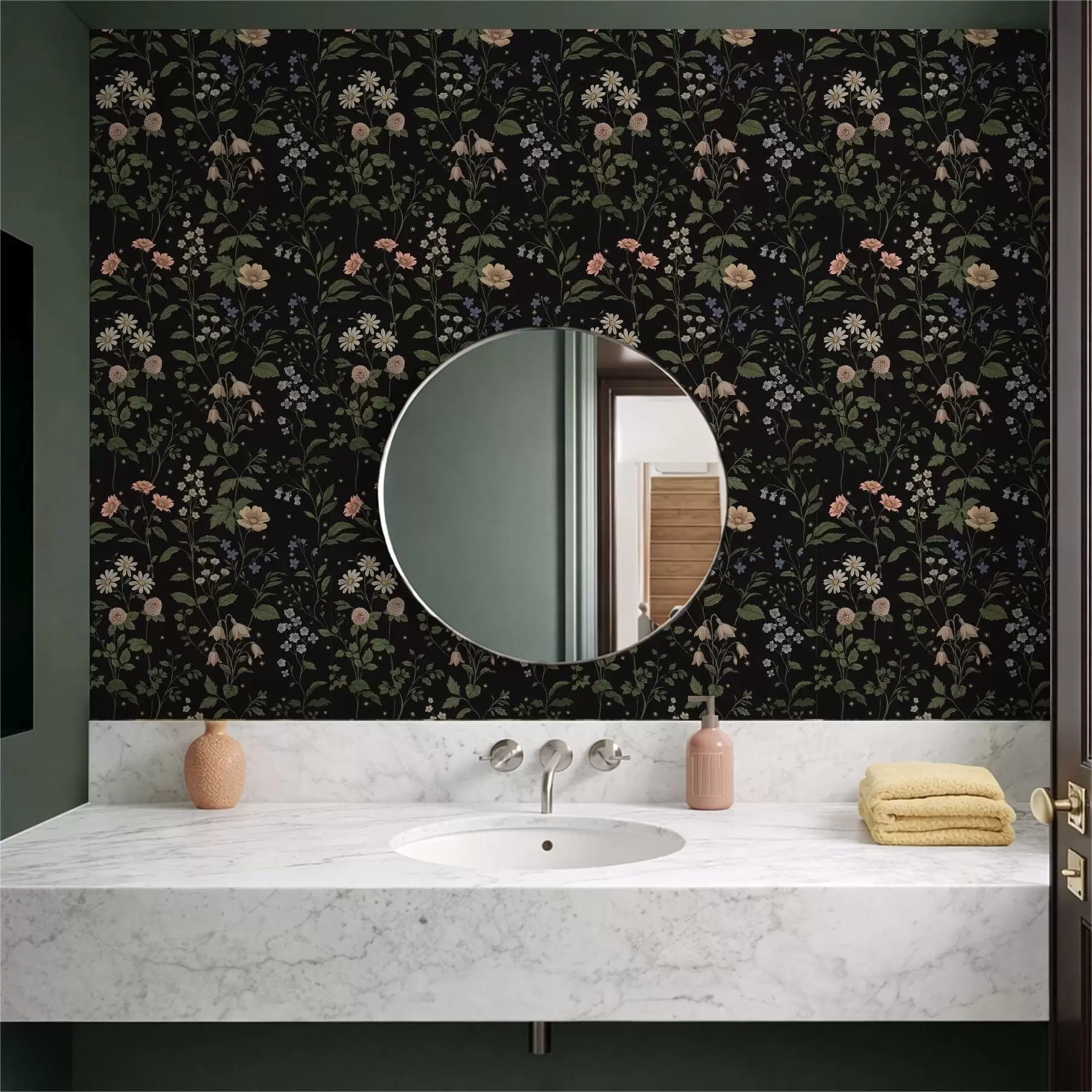 Murale Motif floral sur fond noir avec des étoiles a01160