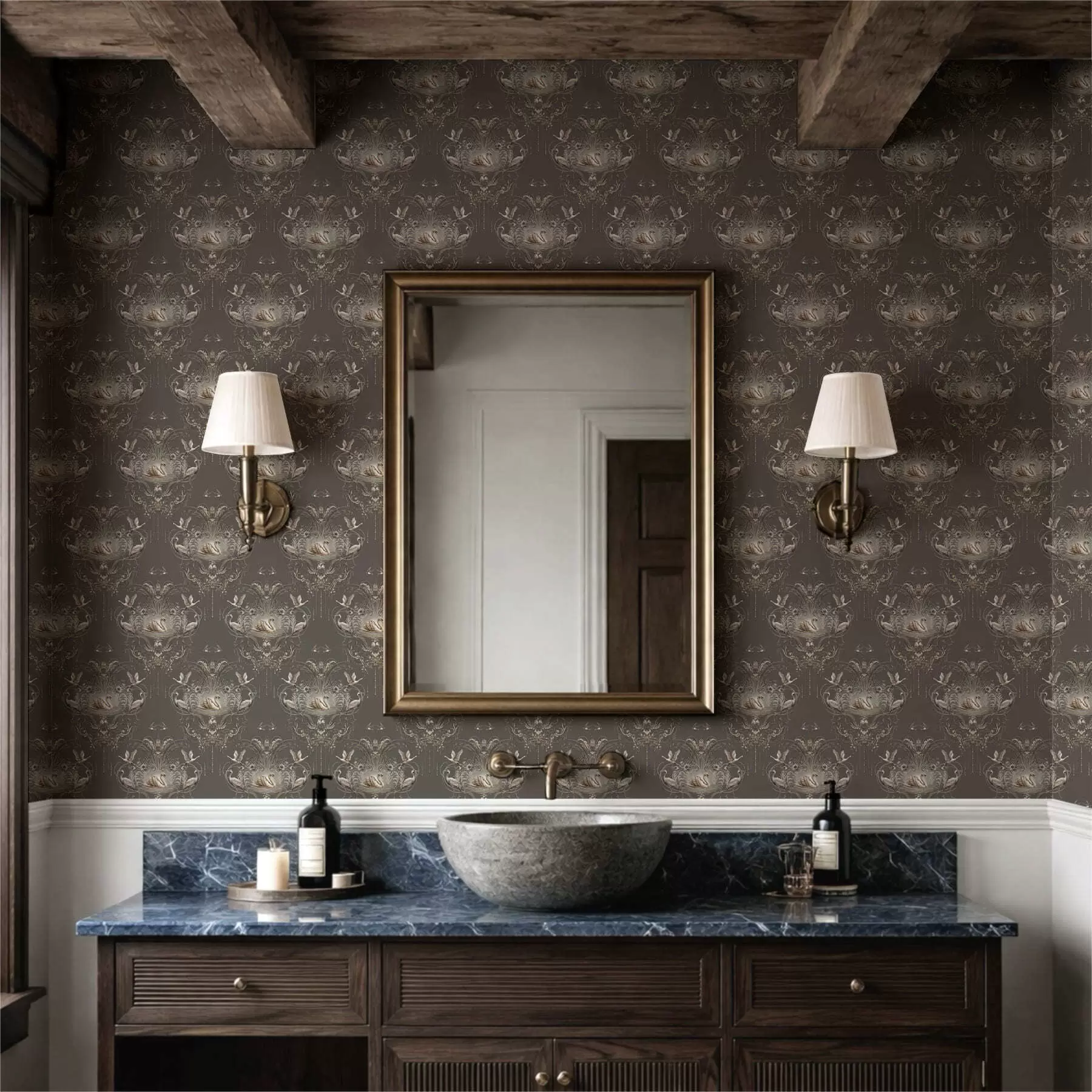 Fototapete Dekoration mit Schwänen und Vögeln im klassischen Stil a01161