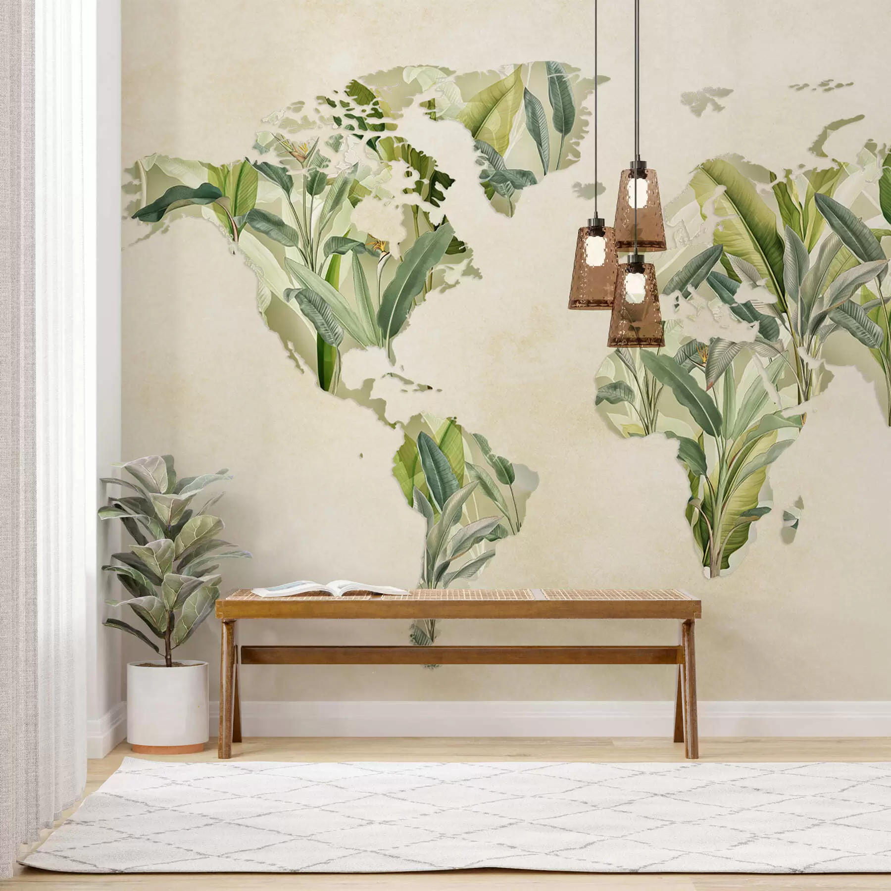 Murale Une carte du monde verte réalisée à partir de feuilles de bananier c00007
