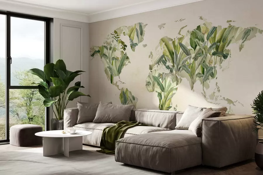 Murale Une carte du monde verte réalisée à partir de feuilles de bananier c00007