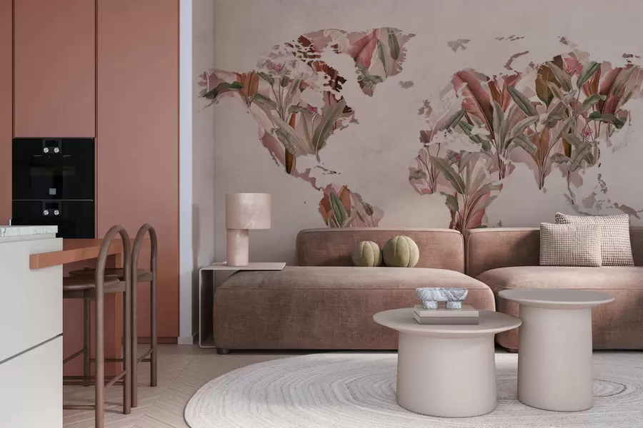 fototapeter Et lyserødt verdenskort lavet af bananblade c00007v2