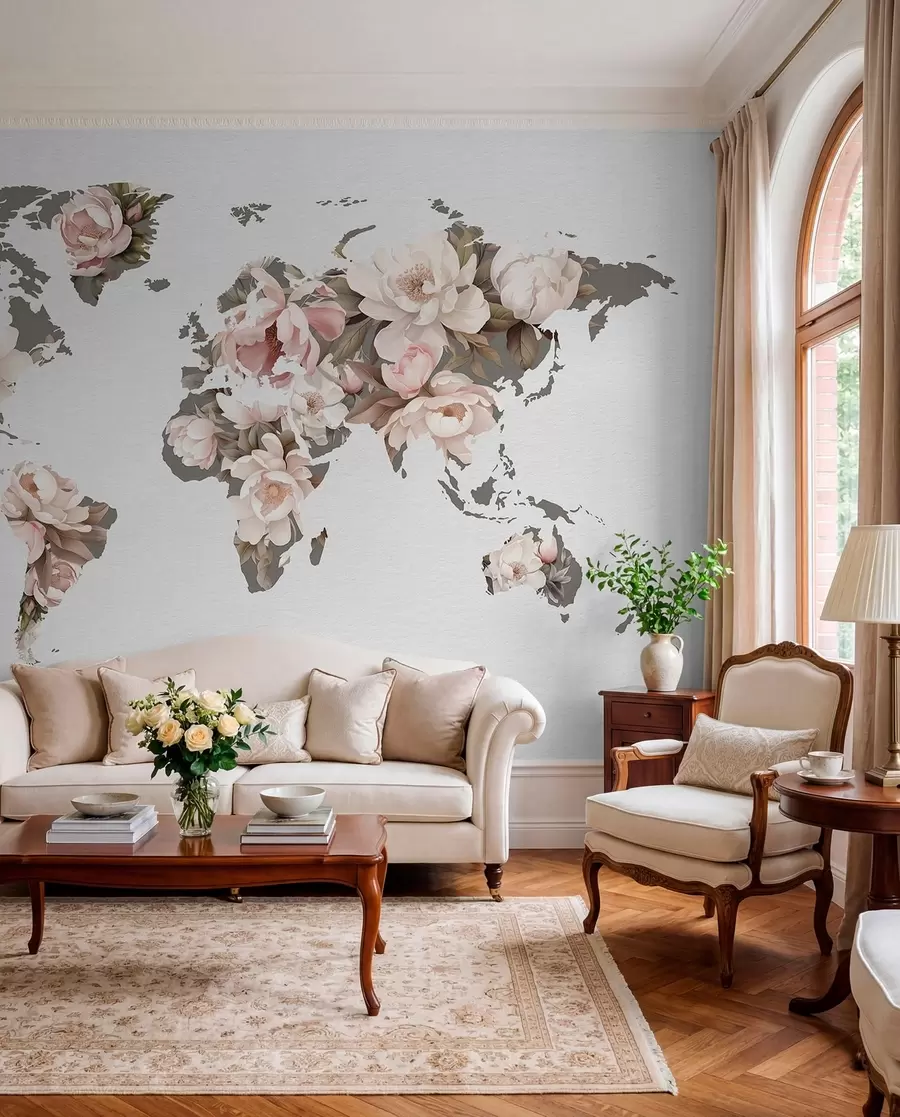 fototapeter Et fint, cremet verdenskort lavet af blomster c00008
