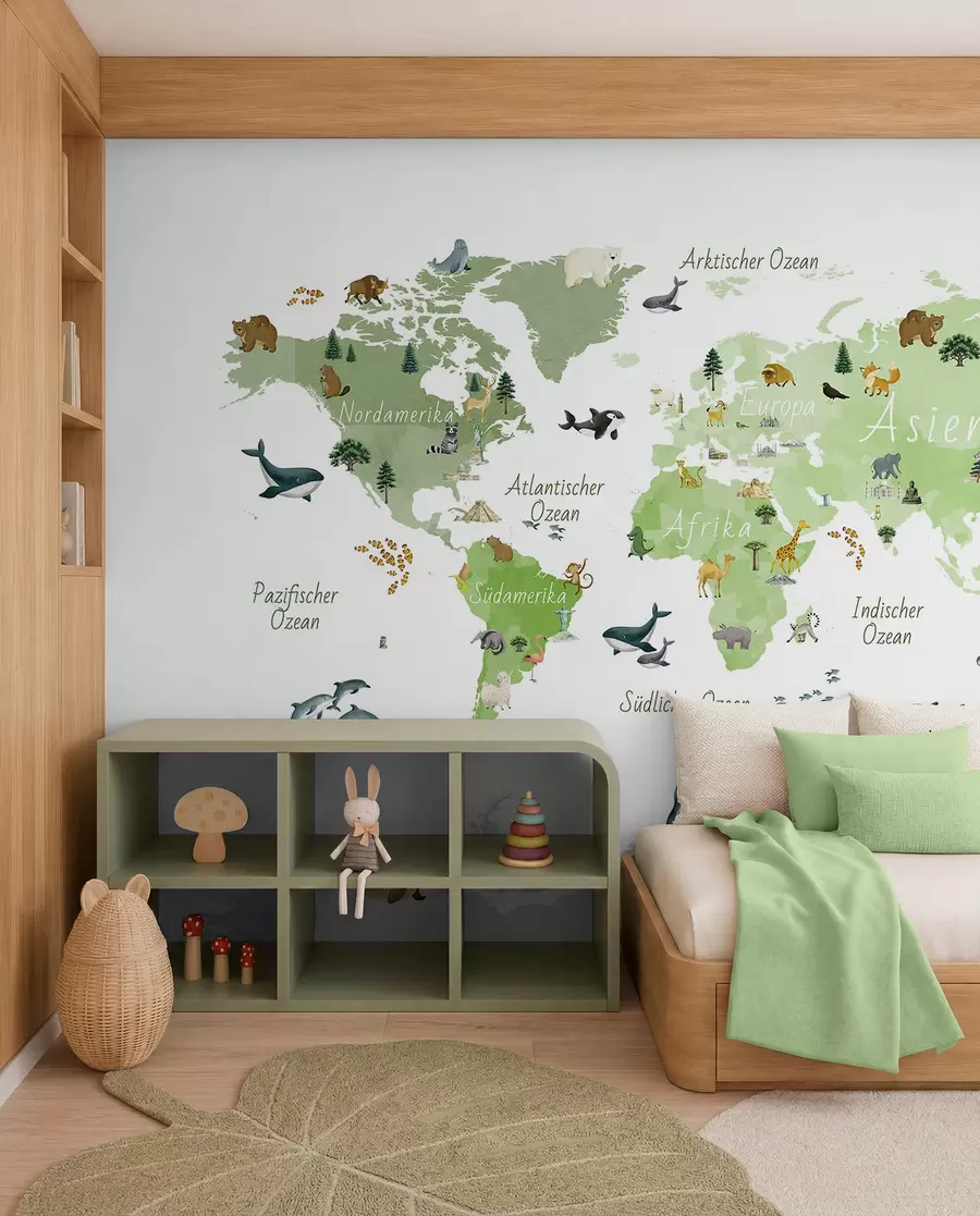 Murale Une carte verte de style aquarelle représentant des animaux, des plantes et des bâtiments. Légendes en allemand c00009dev2