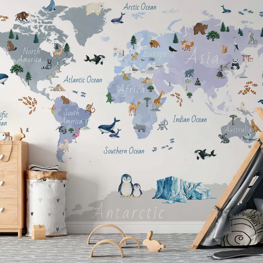 fototapeter Et blåt kort i akvarelstil med dyr, planter og arkitektur. Tekster på engelsk c00009env1