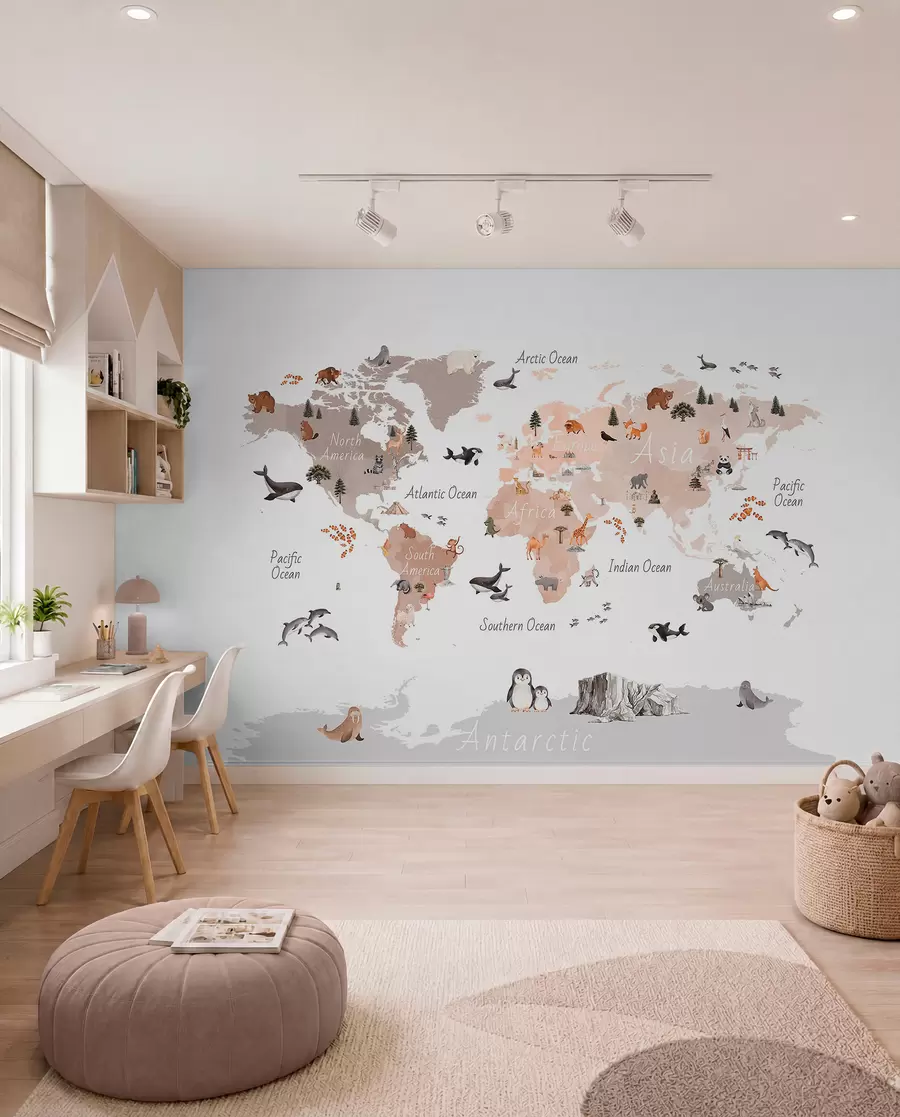 Murale Carte faune beige en anglais c00009env3