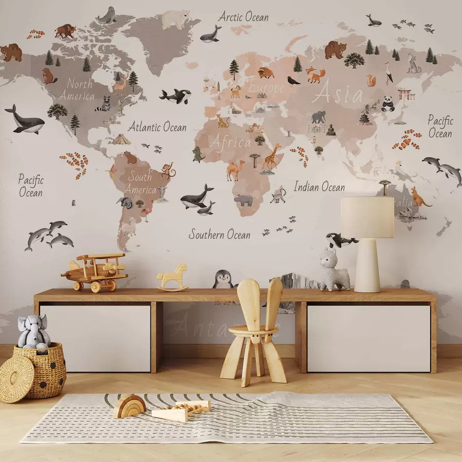 fototapeter Et kort i akvarelstil i beige med dyr, planter og arkitektur. Tekster på engelsk c00009env3