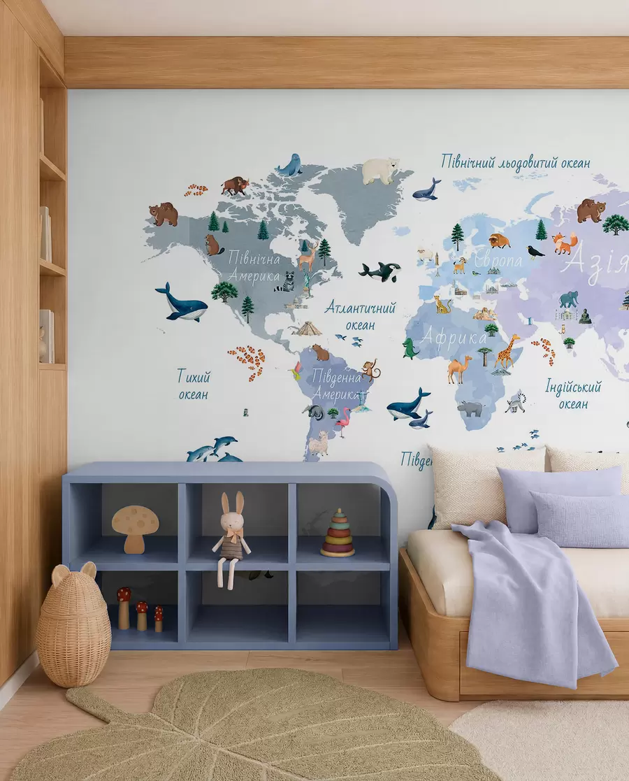 Murale Une carte bleue de style aquarelle représentant des animaux, des plantes et des bâtiments. Légendes en ukrainien c00009ukv1