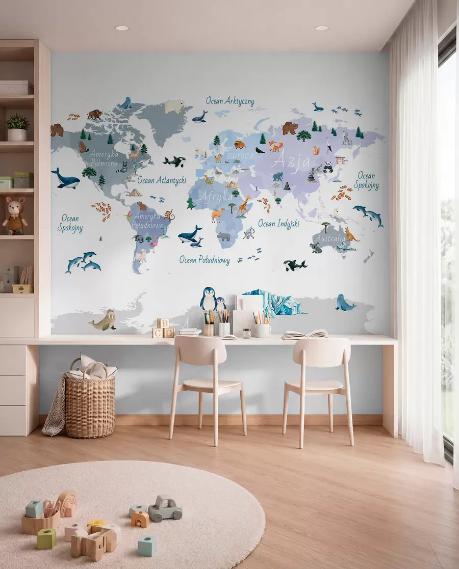 Murale Une carte bleue de style aquarelle représentant des animaux, des plantes et des bâtiments. Légendes en polonais c00009plv1