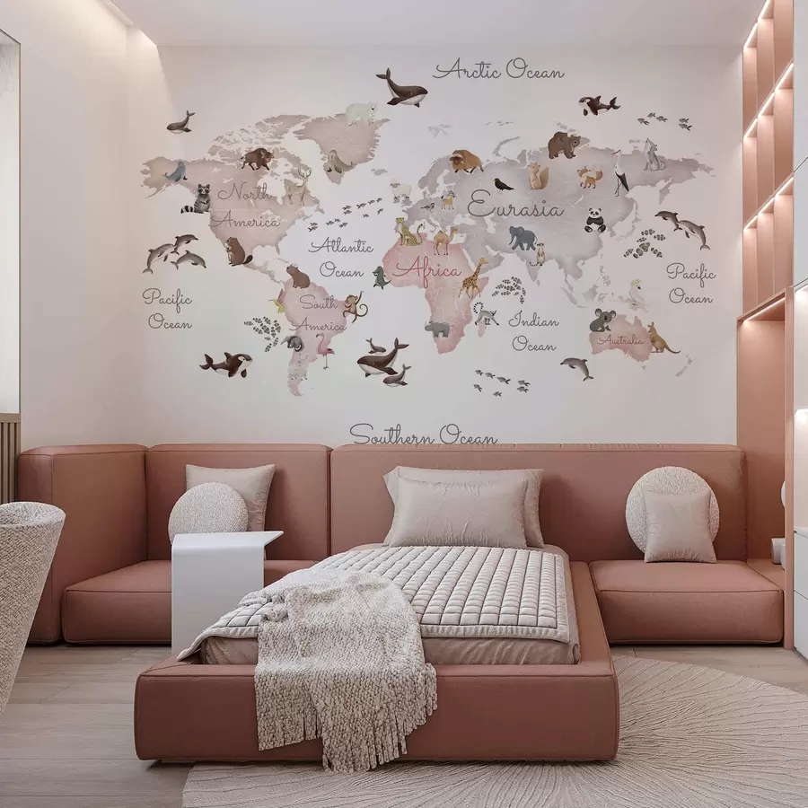 fototapeter Et beige kort i akvarelstil med dyr. Tekster på engelsk c00012env3