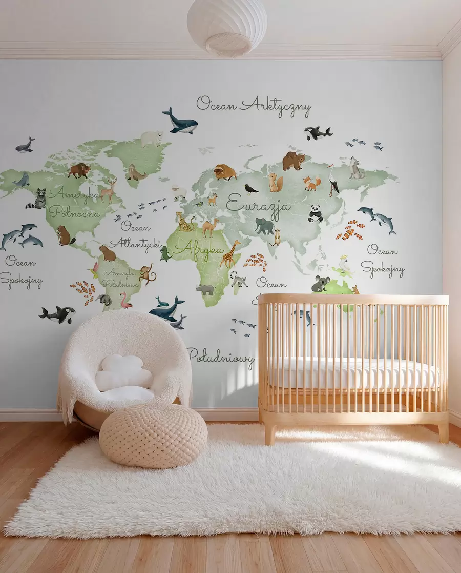 Murale Une carte verte de style aquarelle mettant en scène des animaux. Légendes en polonais c00012plv2