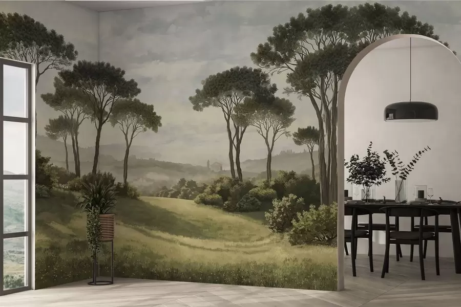 Murale Paysage avec des arbres, une prairie et de la brume au loin w05122v1