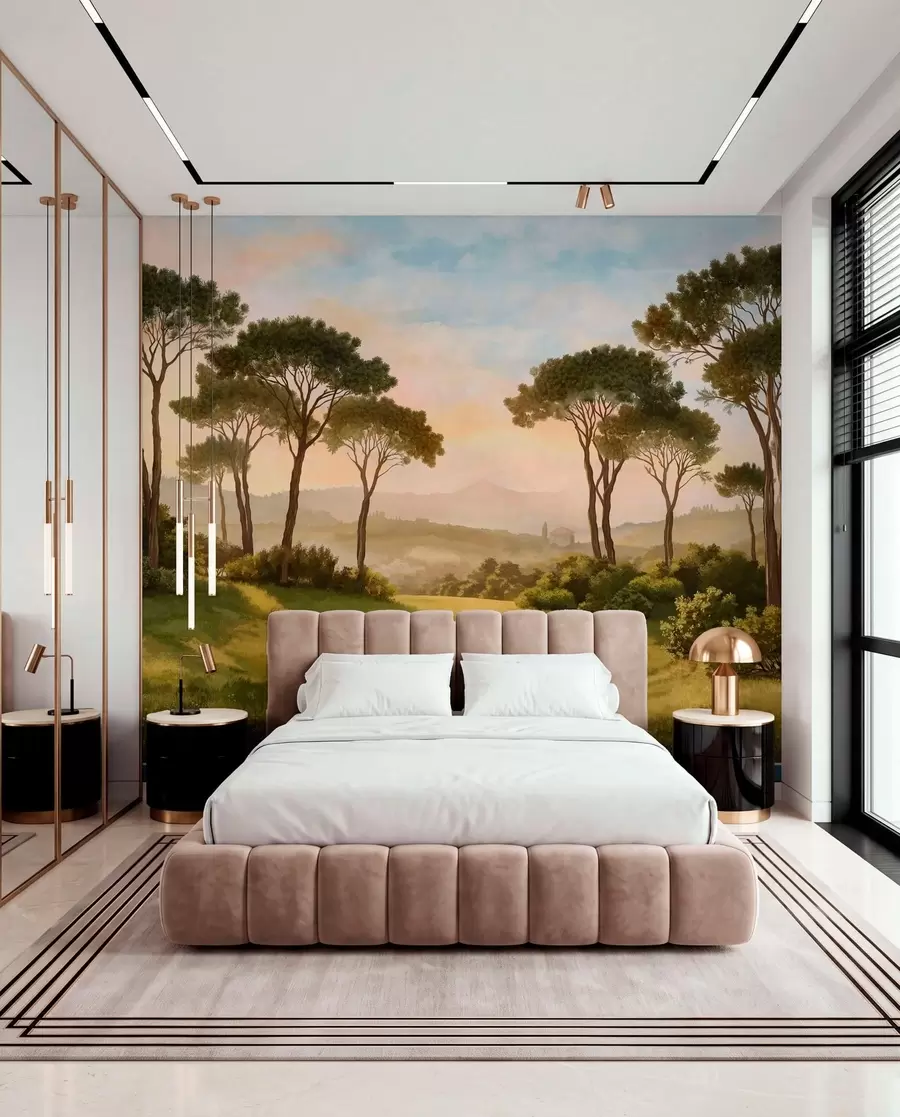 Murale Paysage avec des arbres baignés dans la lumière chaude du coucher de soleil w05122