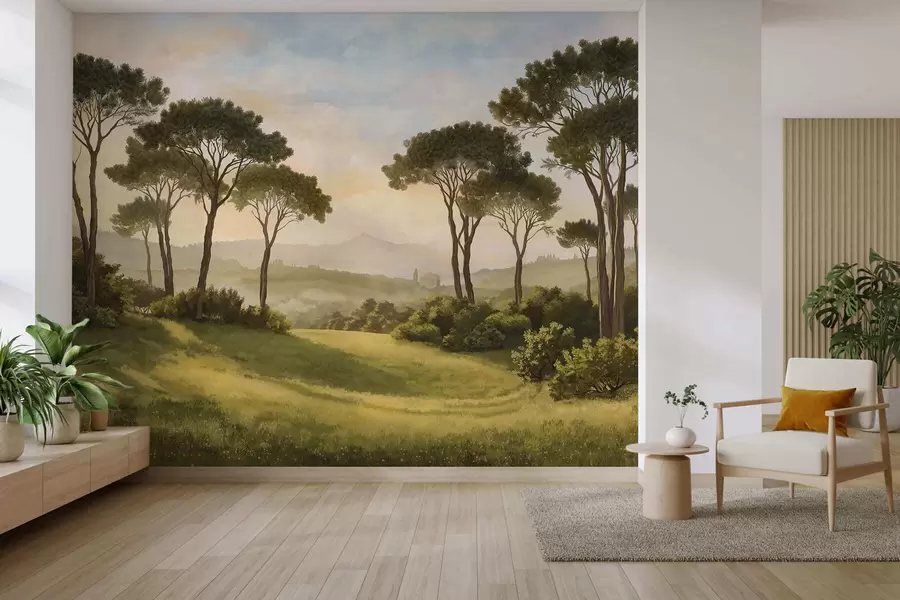 Murale Paysage avec des arbres baignés dans la lumière chaude du coucher de soleil w05122