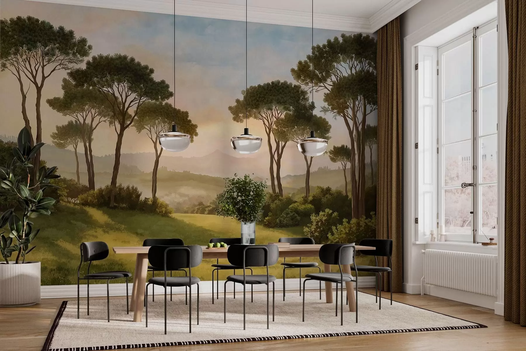 Fototapete Landschaft mit Bäumen im warmen Licht der untergehenden Sonne w05122