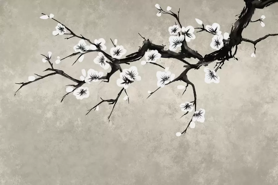 fototapeter En gren med hvide blomster i minimalistisk stil w05425