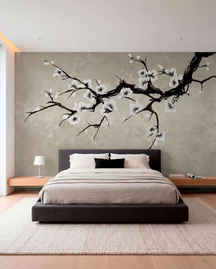 Murale Branche fleurie de blanc, dans un style minimaliste w05425