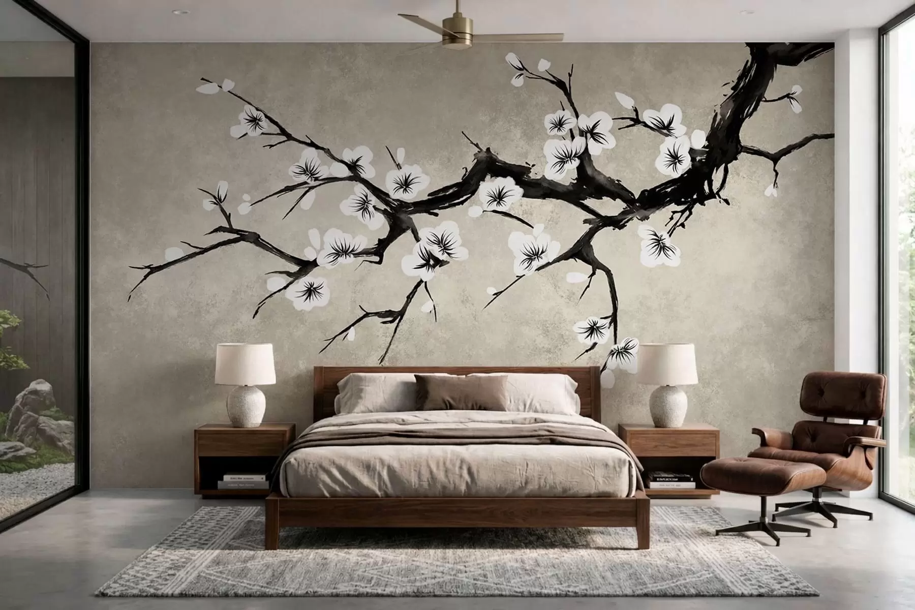 Murale Branche fleurie de blanc, dans un style minimaliste w05425