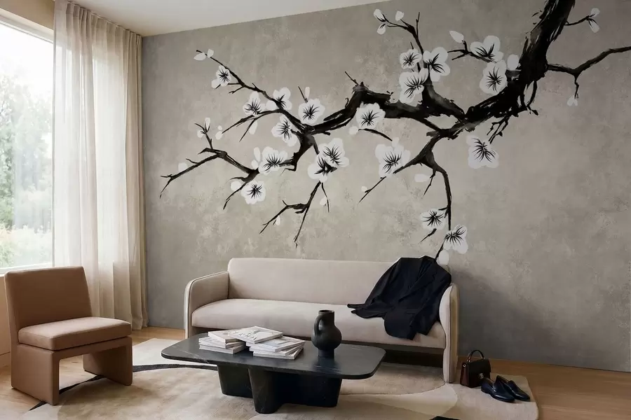 Murale Branche fleurie de blanc, dans un style minimaliste w05425