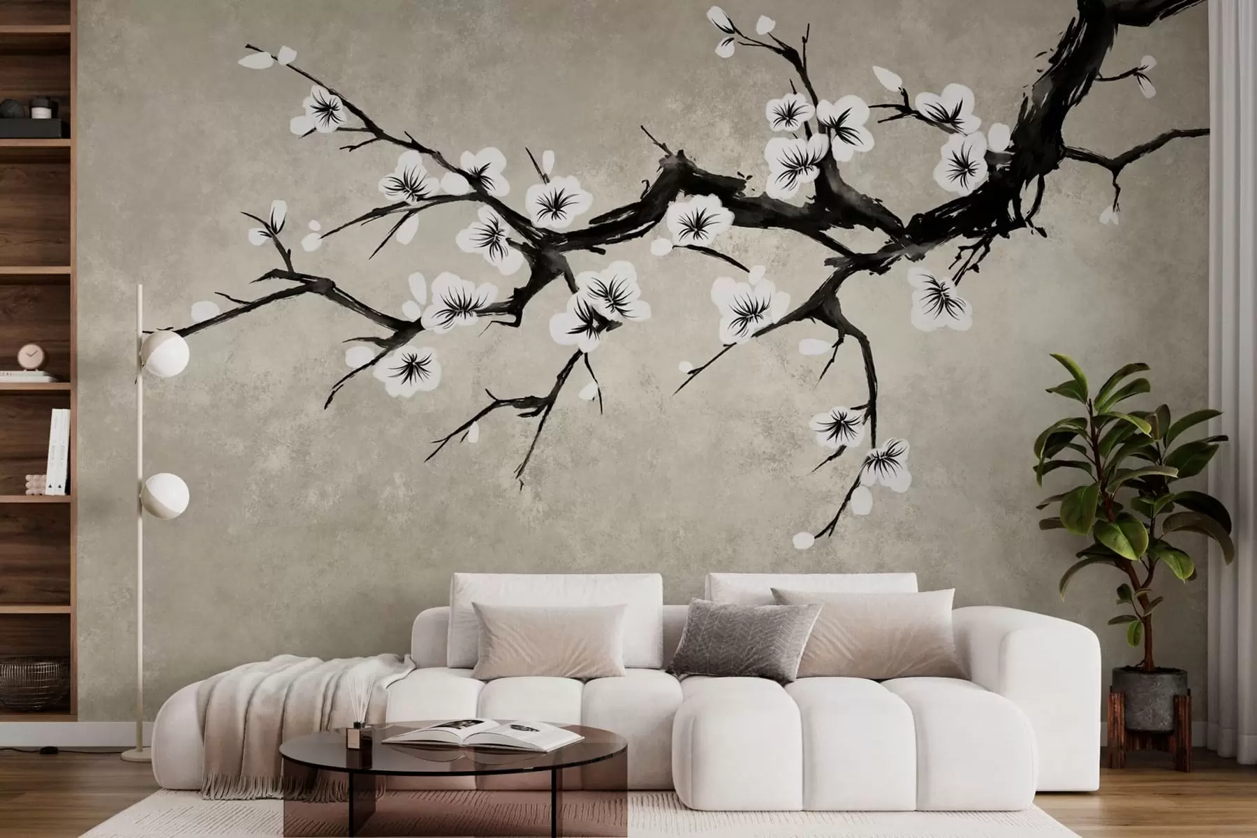 Murale Branche fleurie de blanc, dans un style minimaliste w05425