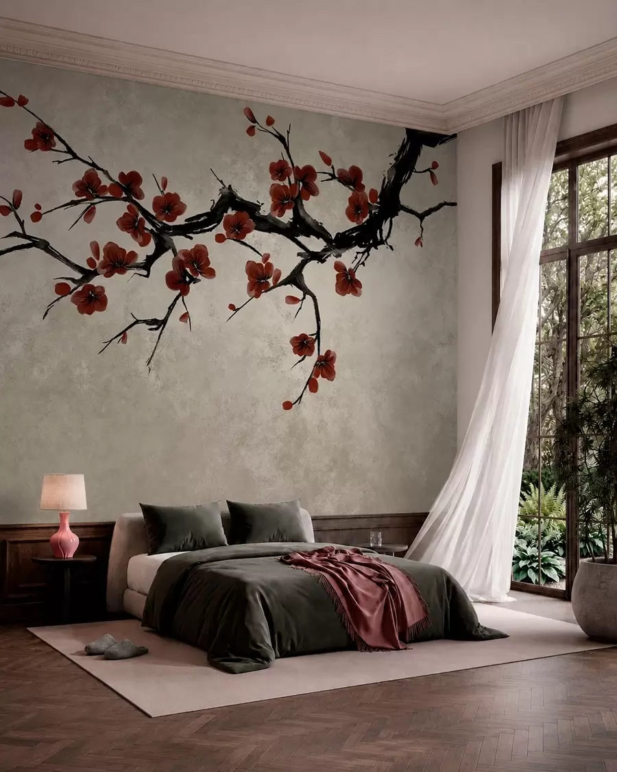 Murale Branche aux fleurs rouge foncé sur fond neutre w05425v1