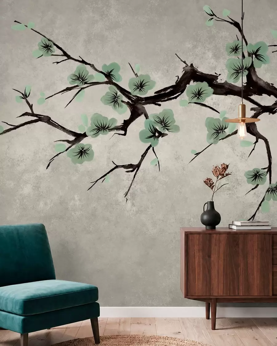 Murale Branche aux fleurs vertes dans des tons apaisants w05425v2