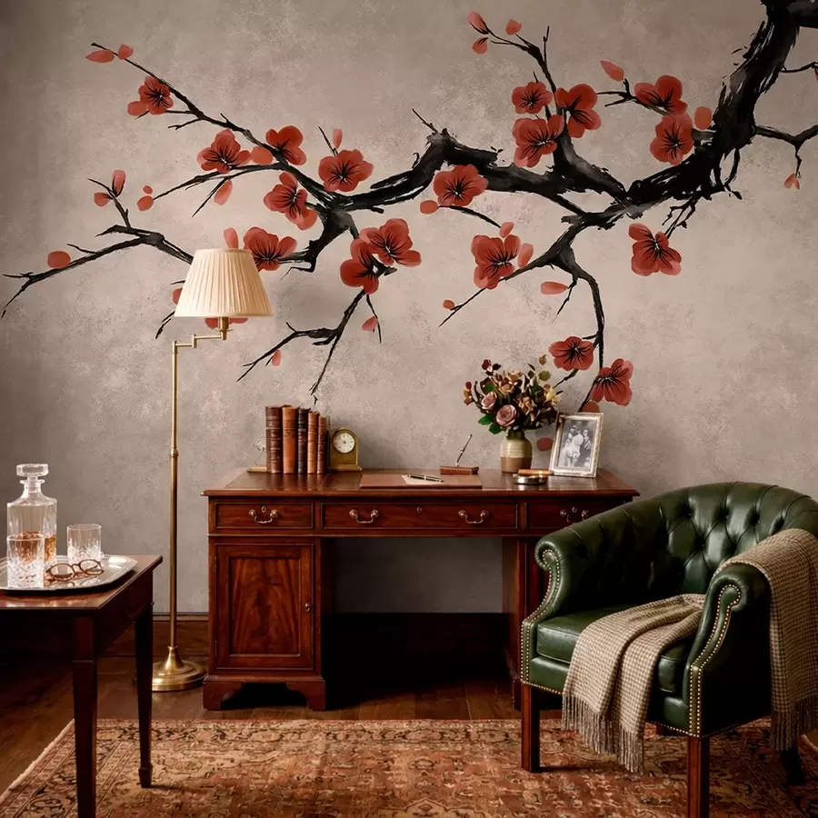 fototapeter En blomstrende gren i østlig stil på beige baggrund w05425v4
