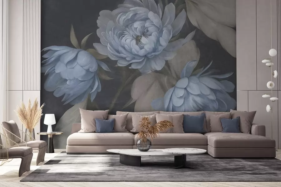 fototapeter Teksturerede lyseblå pæonblomster med beige blade på en mørk baggrund w09751