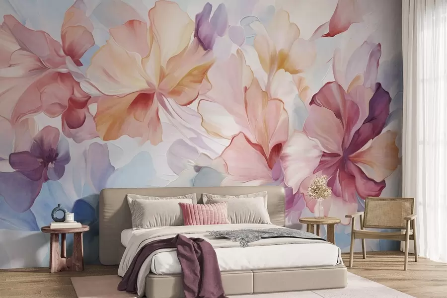 Murale Fleurs fantaisistes abstraites dans des tons de rose, de pêche et de lavande, dans un style pictural et texturé w09767
