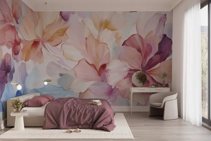 Murale Fleurs fantaisistes abstraites dans des tons de rose, de pêche et de lavande, dans un style pictural et texturé w09767