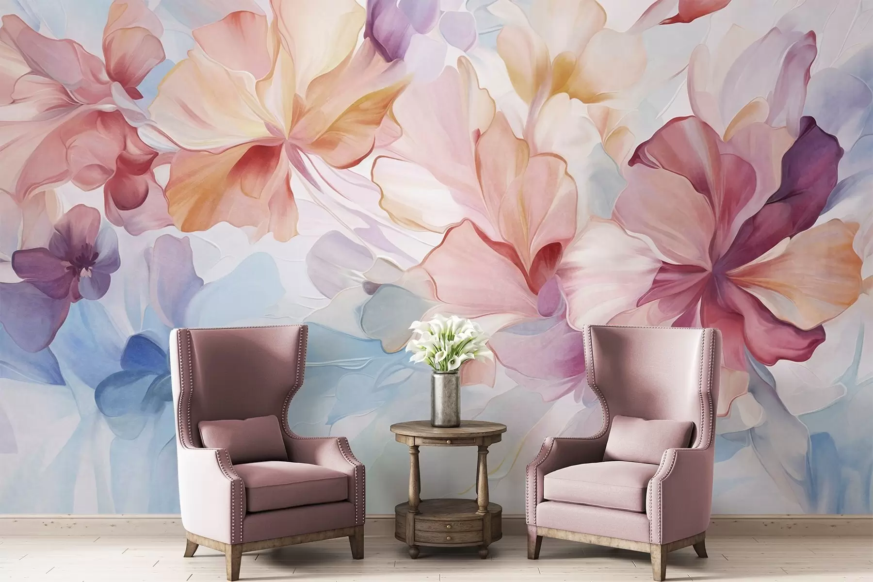 Murale Fleurs fantaisistes abstraites dans des tons de rose, de pêche et de lavande, dans un style pictural et texturé w09767