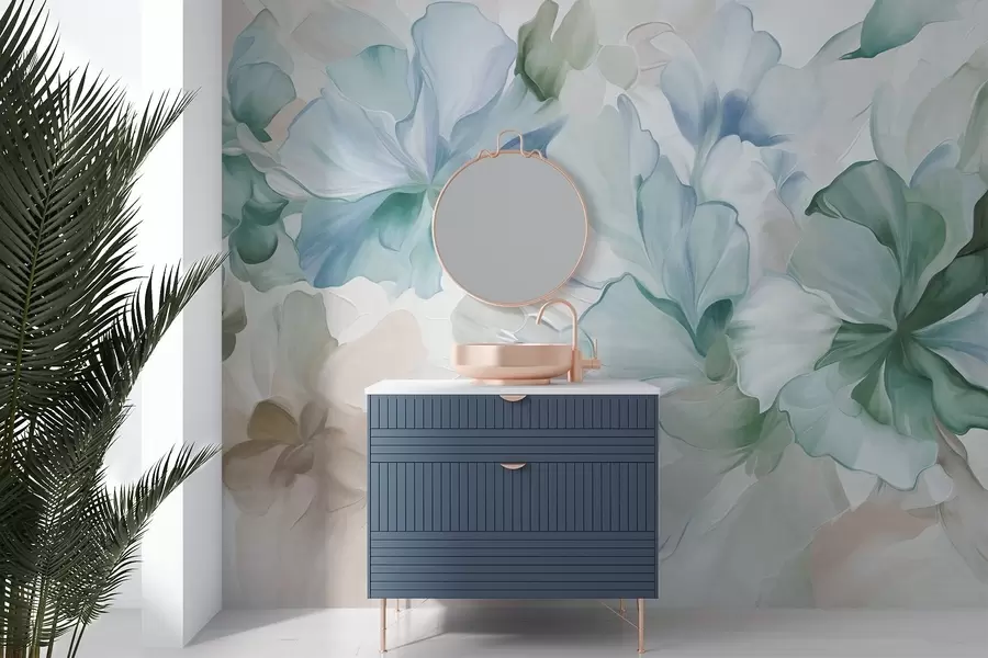 fototapeter Abstrakte fantasiblomster i grønne, blå og beige nuancer i malerisk stil, tekstureret kunst w09767v1