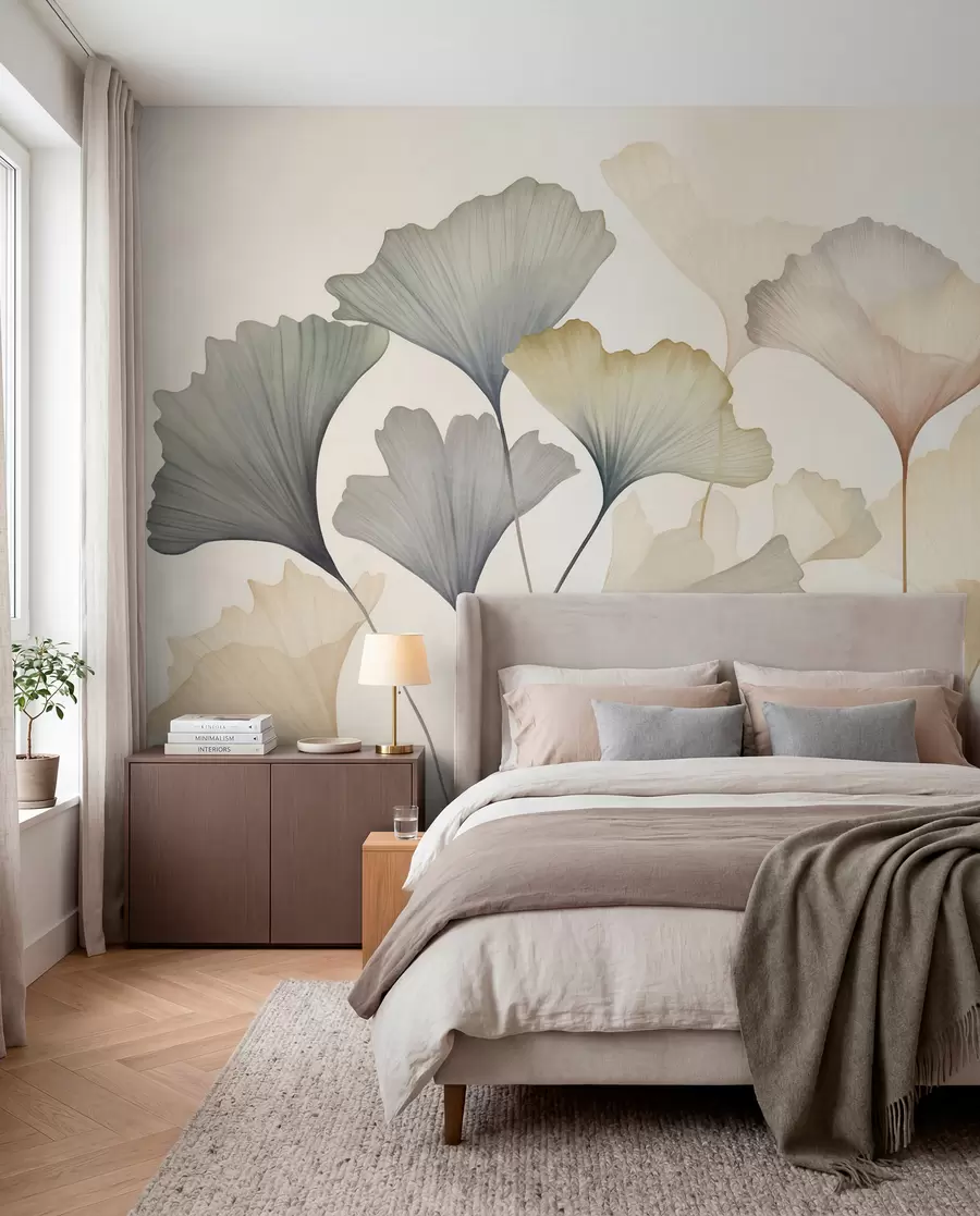 Murale Feuilles de ginkgo stylisées dans des tons pastel discrets tels que le bleu, le vert et le pêche, œuvre d'art texturée w09810