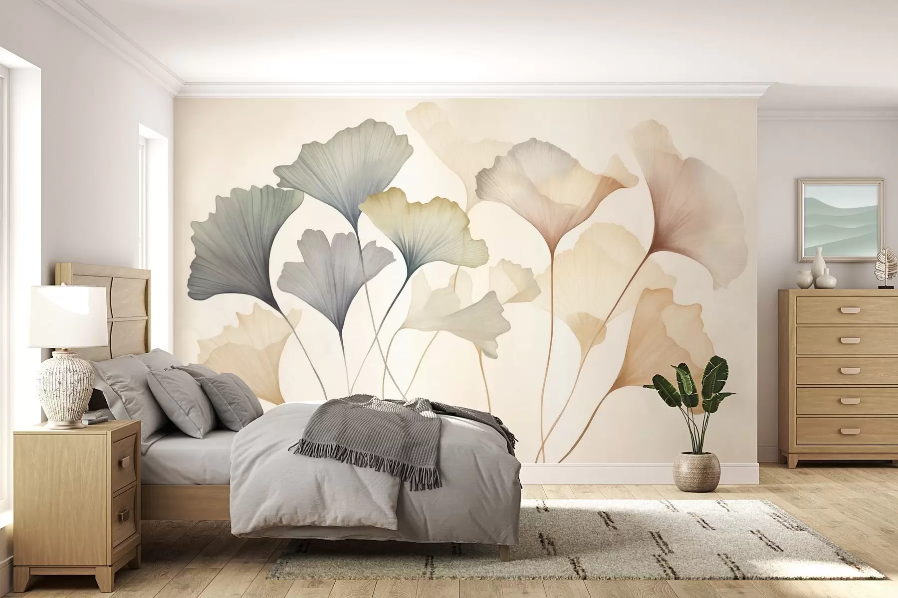 Murale Feuilles de ginkgo stylisées dans des tons pastel discrets tels que le bleu, le vert et le pêche, œuvre d'art texturée w09810