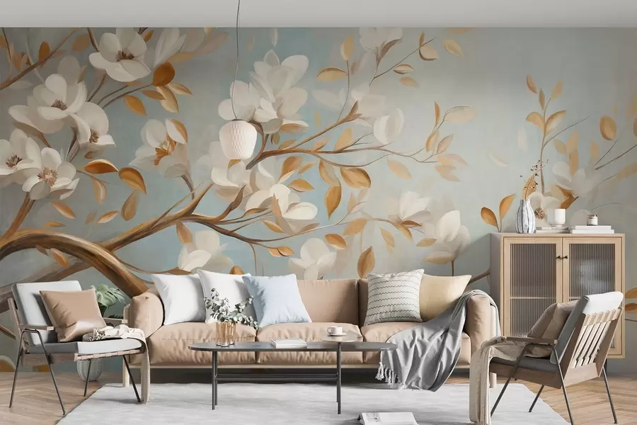 Murale Branche d'arbre texturée avec des fleurs blanches et des feuilles jaunes, style vintage w09814