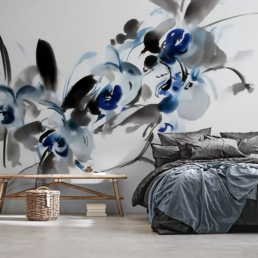Murale De superbes fleurs abstraites dans un style aquarelle oriental, rehaussées de touches de bleu et de noir, avec des orchidées w09797