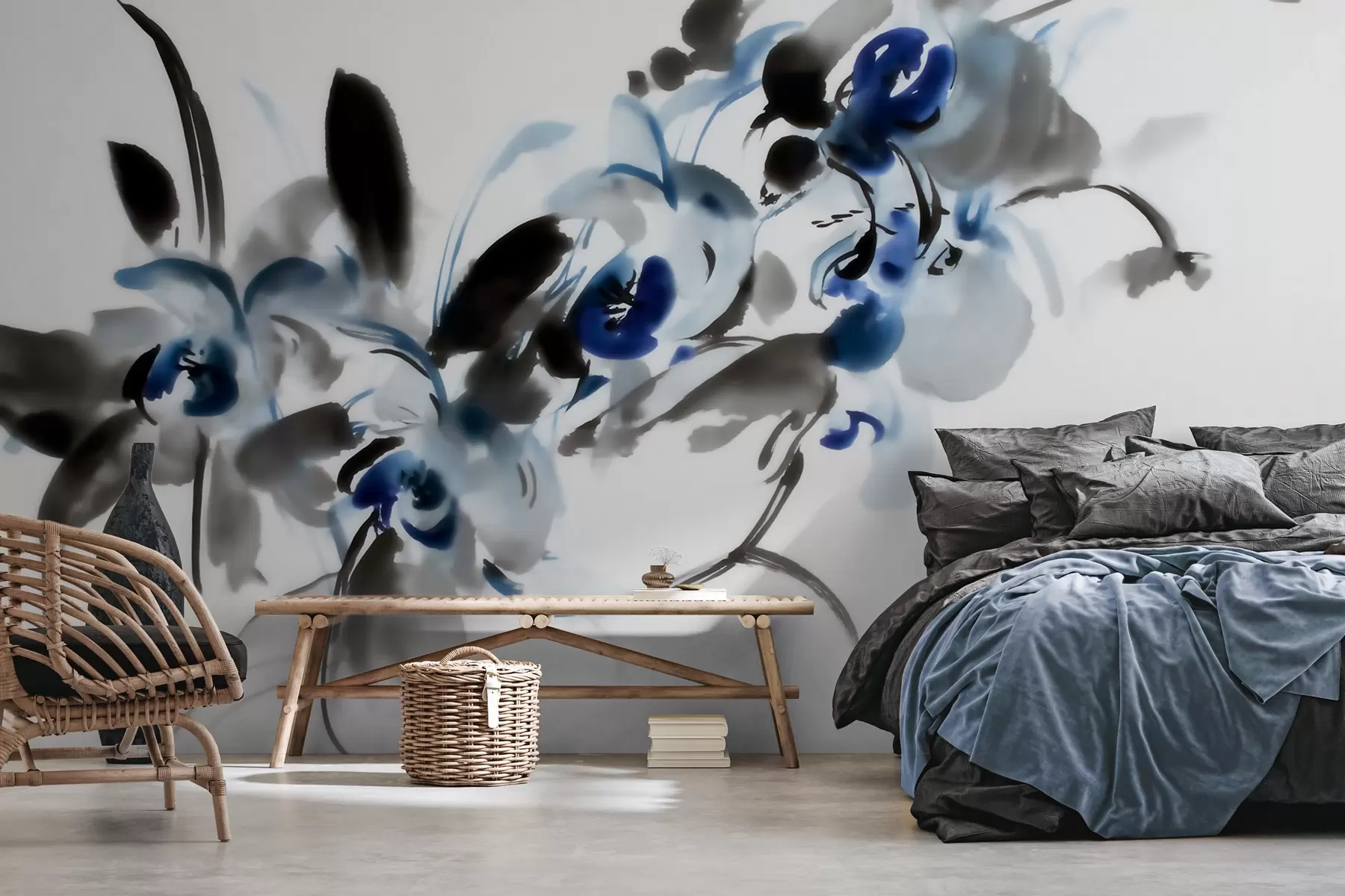 Murale De superbes fleurs abstraites dans un style aquarelle oriental, rehaussées de touches de bleu et de noir, avec des orchidées w09797