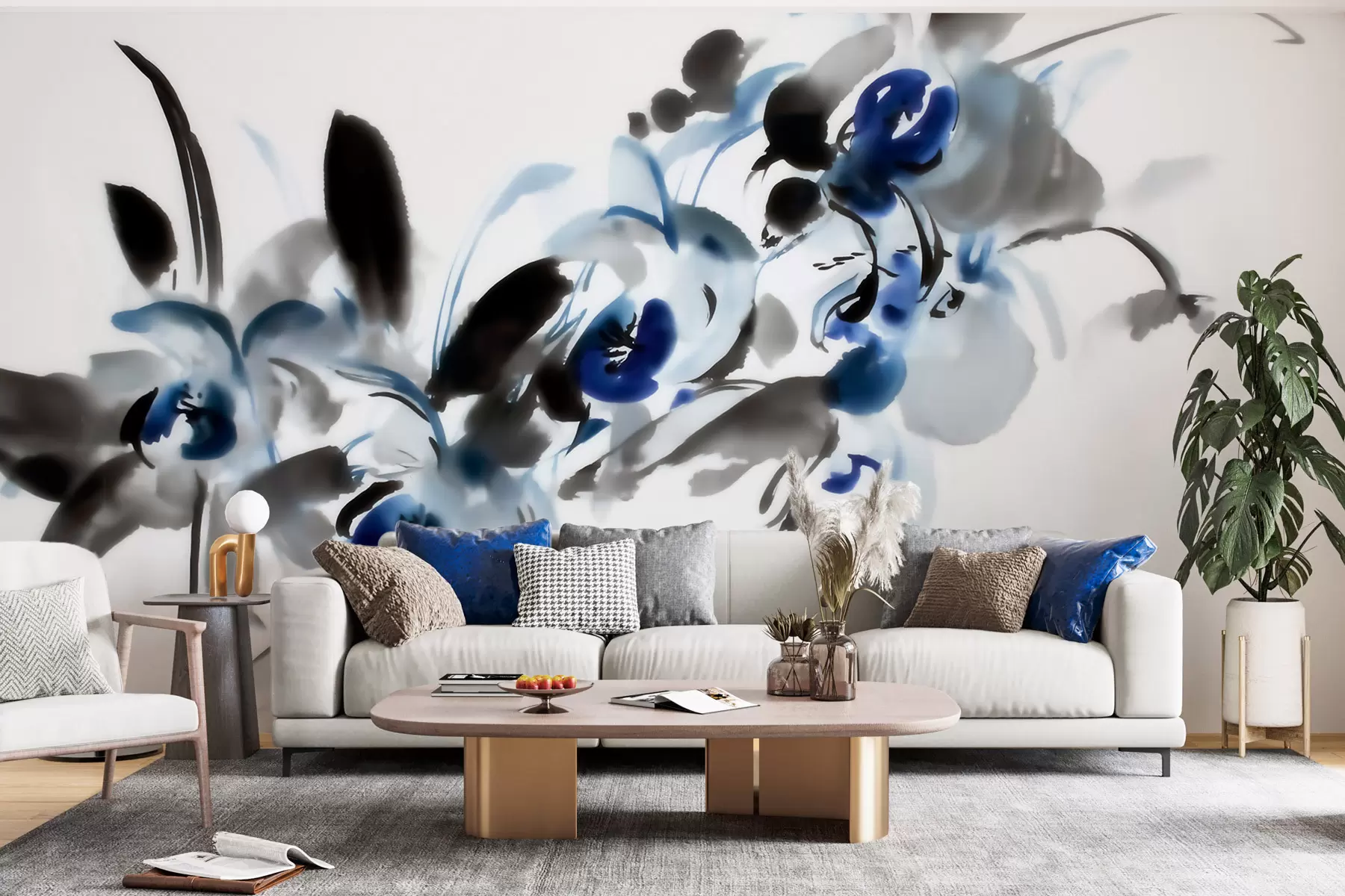 fototapeter Elegante, abstrakte blomster i en orientalsk akvarelstil med blå og sorte detaljer, orkideer w09797