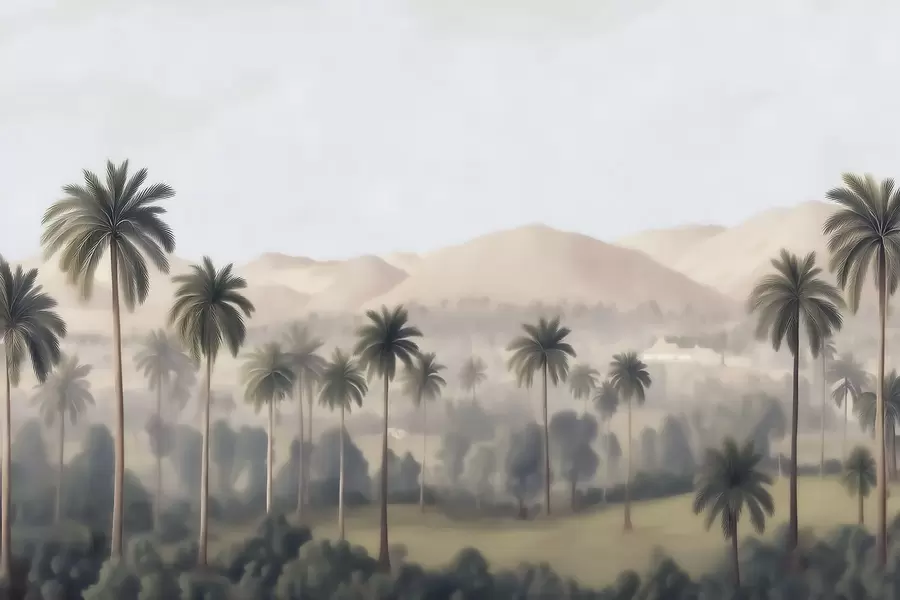 Murale Paysage tropical avec des palmiers et des montagnes, panorama vintage dans des tons beiges et verts w09798