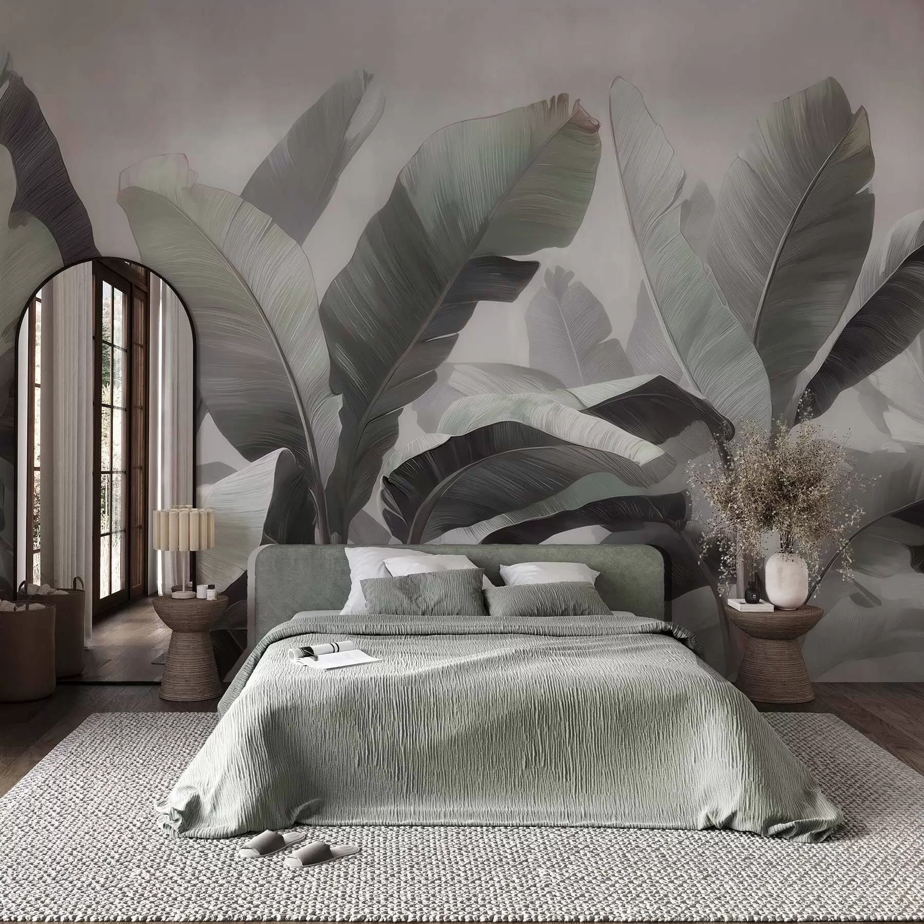 Murale Grandes feuilles de bananier stylisées dans une palette neutre aux tons gris-vert doux w09805