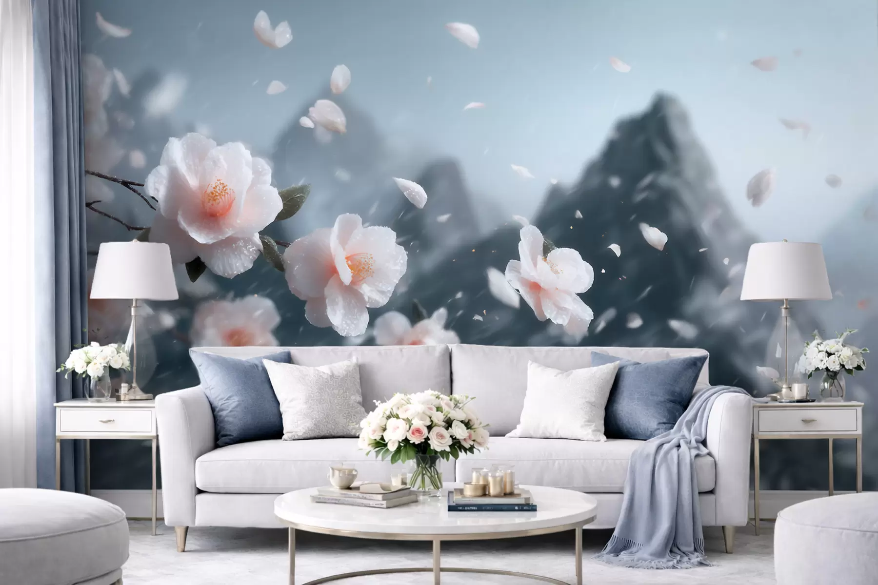 Murale De délicates fleurs de cerisier sur fond de montagnes, un paysage japonais évocateur aux tons pastel w09808