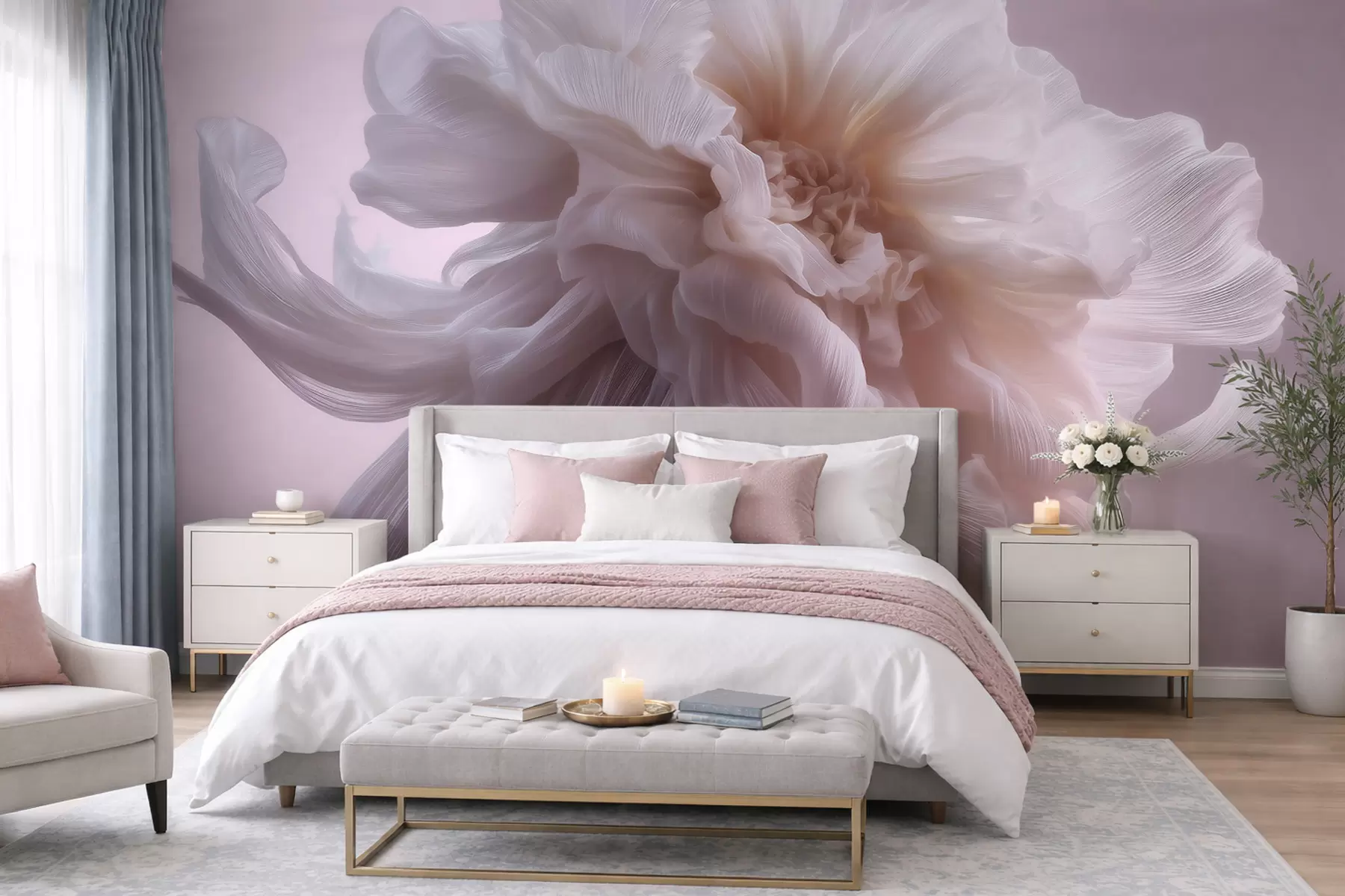 Murale Fleur en soie volumineuse dans des tons rose pâle et beige w09809