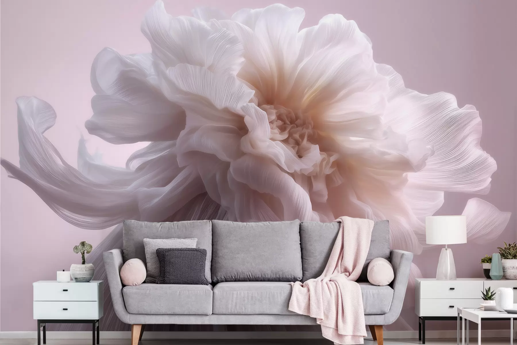 Fototapete Voluminöse Seidenblume in zarten Rosa- und Beigetönen w09809