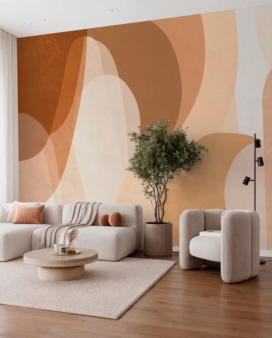 Murale des courbes abstraites dans des tons marron, beige et auburn w05387