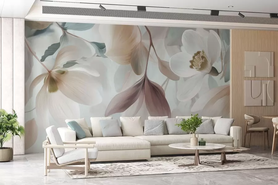 Murale une composition délicate de fleurs et de feuilles aux tons pastel w05240