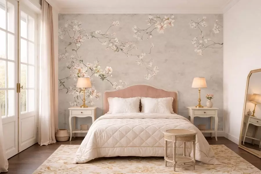 Murale Branches fleuries délicates de style chinoiserie sur fond clair w05427